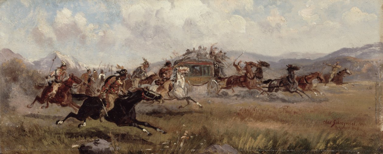 Sioux Attacking a Stagecoach, 1909 tekijältä Charles Schreyvogel