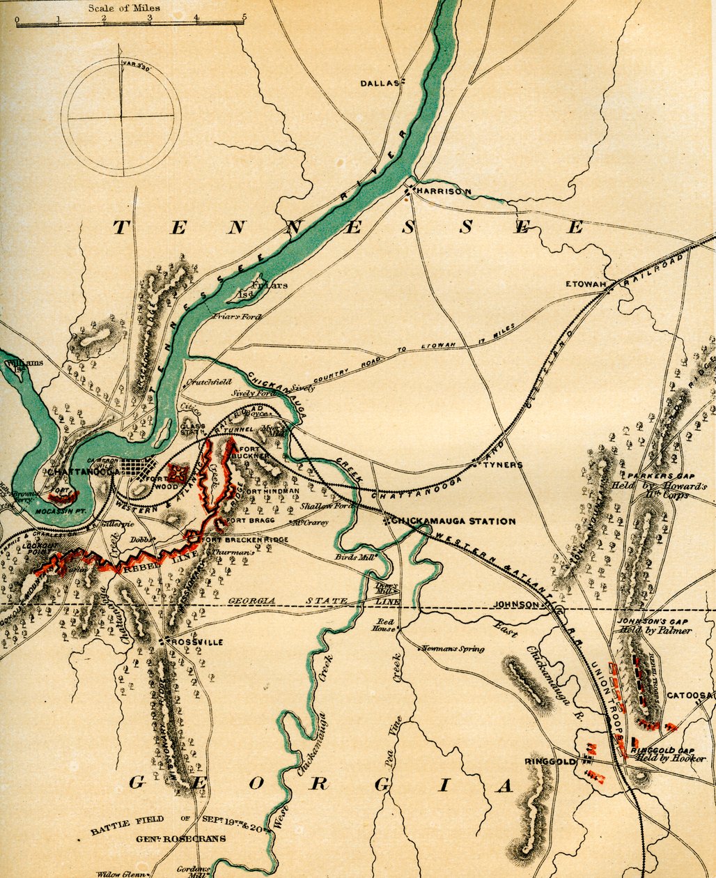 Kartta Chattanoogasta ja sen puolustuksista, Tennessee, 1862-1867. tekijältä Charles Sholl