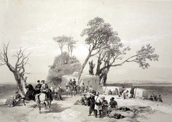 Panjab: Rhodawalan etuvartio Brittiläisten Piquetsien miehittämä 10. helmikuuta 1845, levy 8 julkaisusta "Recollections of India", kaivertanut James Duffield Harding (1798-1863) 1847 (litho) tekijältä Charles Stewart (after) Hardinge