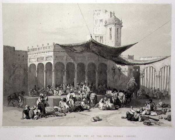 Panjab: Sikh Soldiers Receiving their Pay at Royal Durbar, Lahore, levy 12 julkaisusta "Recollections of India", kaiverrettu James Duffield Harding (1798-1863) 1847 (litho) tekijältä Charles Stewart (after) Hardinge