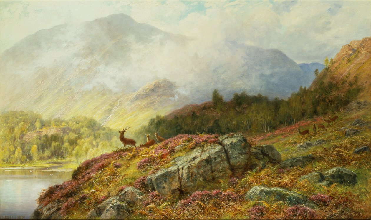 Hirvi ylämaan maisemassa (öljy kankaalle) tekijältä Charles Stuart