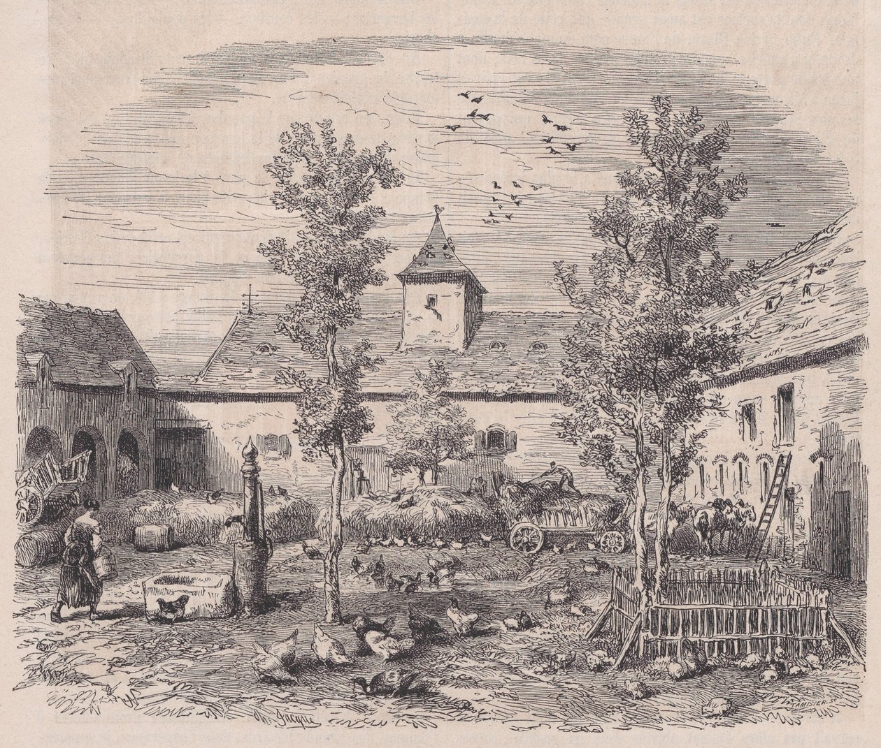 Maatilan sisänäkymä Le Magasin Pittoresquesta, n. 1852. tekijältä Charles Tamisier