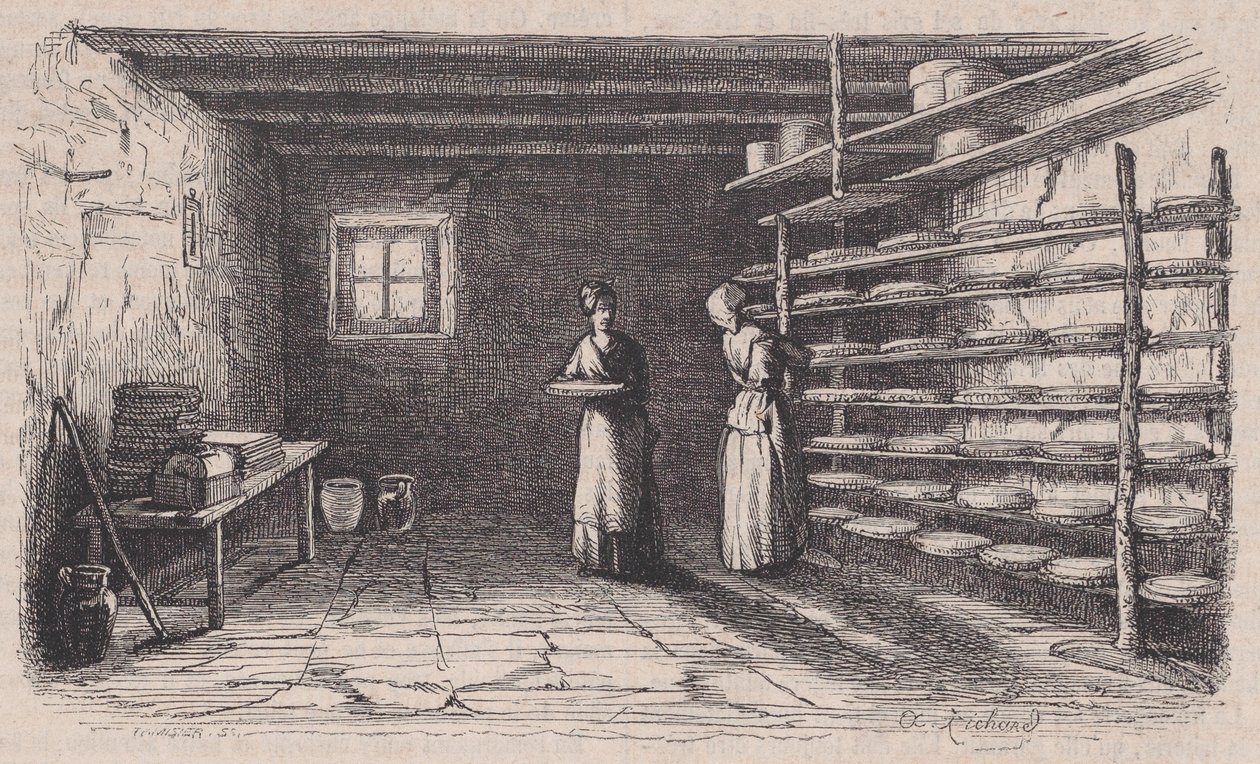 Una formatgeria, del Magasin Pittoresque, ca. 1852. finlandès tekijältä Charles Tamisier