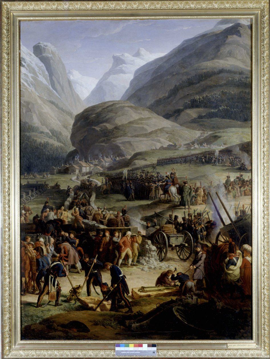 Ranskan armeija Saint Pierren kylässä Saint Bernardin solan ylittämiseksi - Charles Thévenin, öljymaalaus, 1800-luvun alku. tekijältä Charles Thevenin
