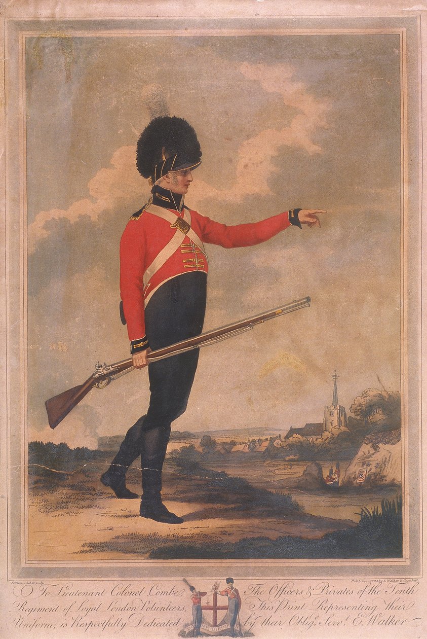 Sotilashahmo yllään Loyal London Volunteersin kymmenennen rykmentin univormu, 1804 tekijältä Charles Tomkins