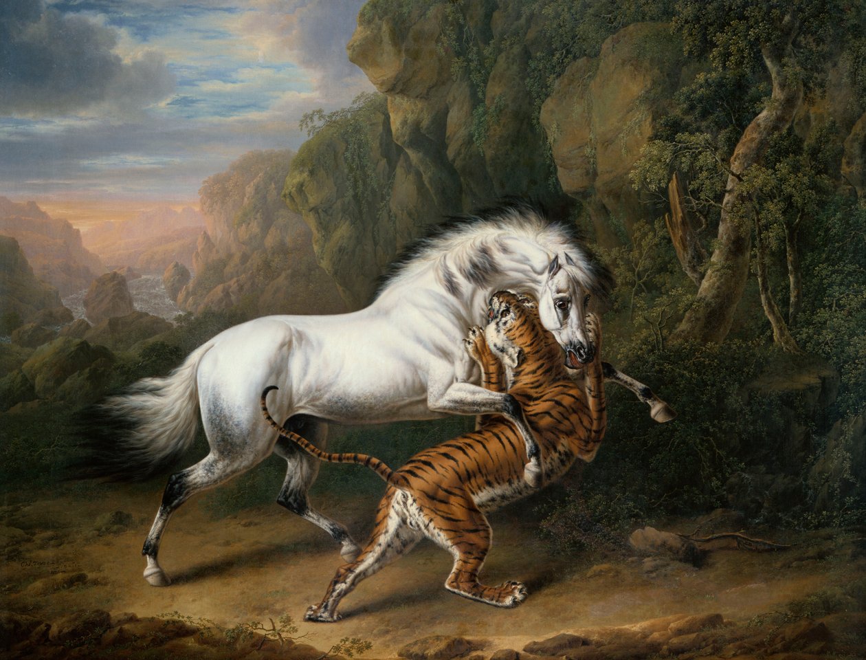 Tiikeri hyökkäämässä arabien oriin, 1824 tekijältä Charles Towne