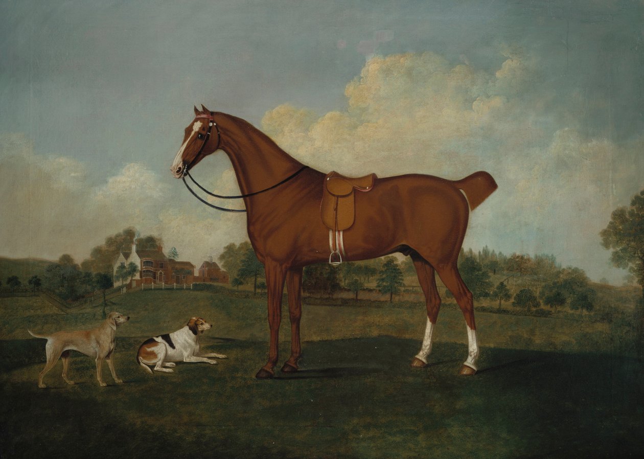 Lahdenmetsästäjä kahden koiran kanssa maisemassa, kartano takana, 1779 tekijältä Charles Towne
