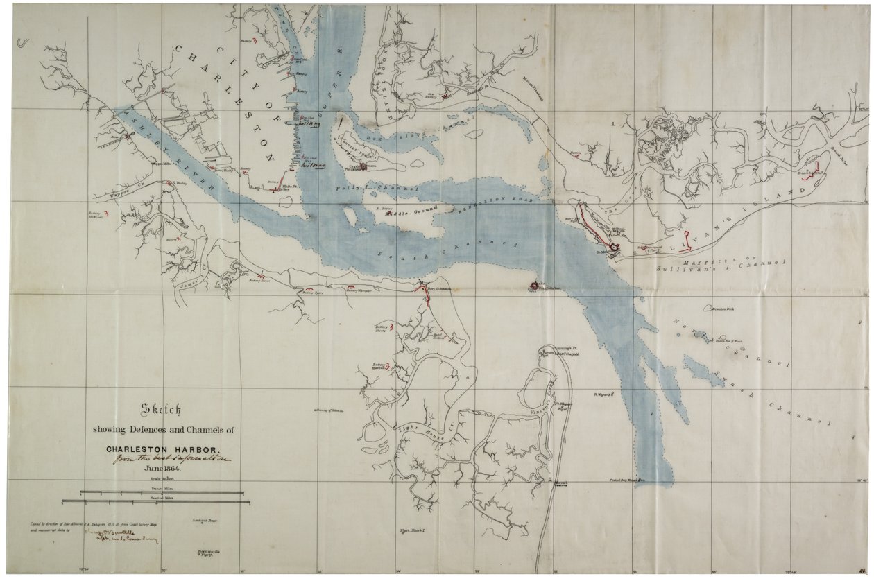 Luonnos Charlestonin sataman puolustuksesta ja kanavista, kesäkuu 1864 (tussi öljykankaalle). tekijältä Charles V. Bartelle