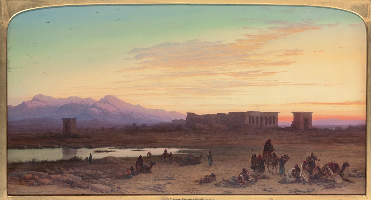 Beduiinileiri Hathorin temppelin edessä Denderassa, Egyptissä, 1867 tekijältä Charles Vacher
