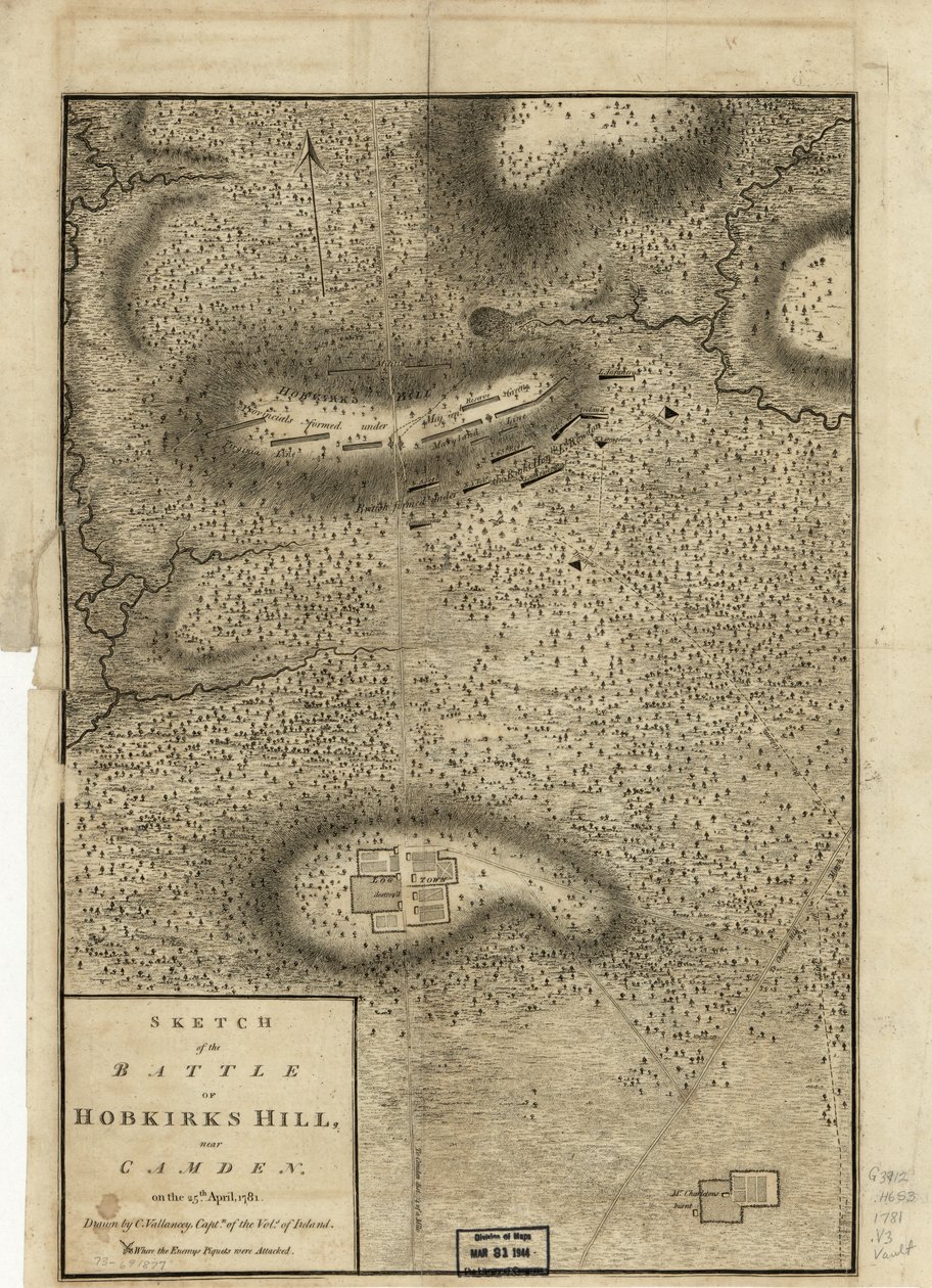Luonnos Hobkirks Hillin taistelusta, lähellä Camdenia, 25. huhtikuuta 1781, julkaistu Lontoossa, 1794 tekijältä Charles Vallancey