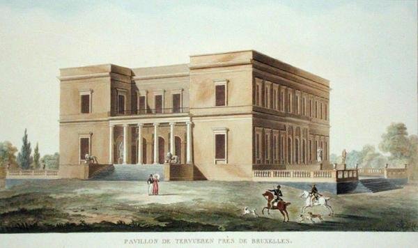Tervuerenin paviljonki lähellä Brysseliä, Pierre Jacques Goetghebuerin "Alankomaiden kuningaskunnan merkittävimpien monumenttien, rakennusten ja talojen valinta", julkaistu 1827 (akvatinta) tekijältä Charles Vander Straeten