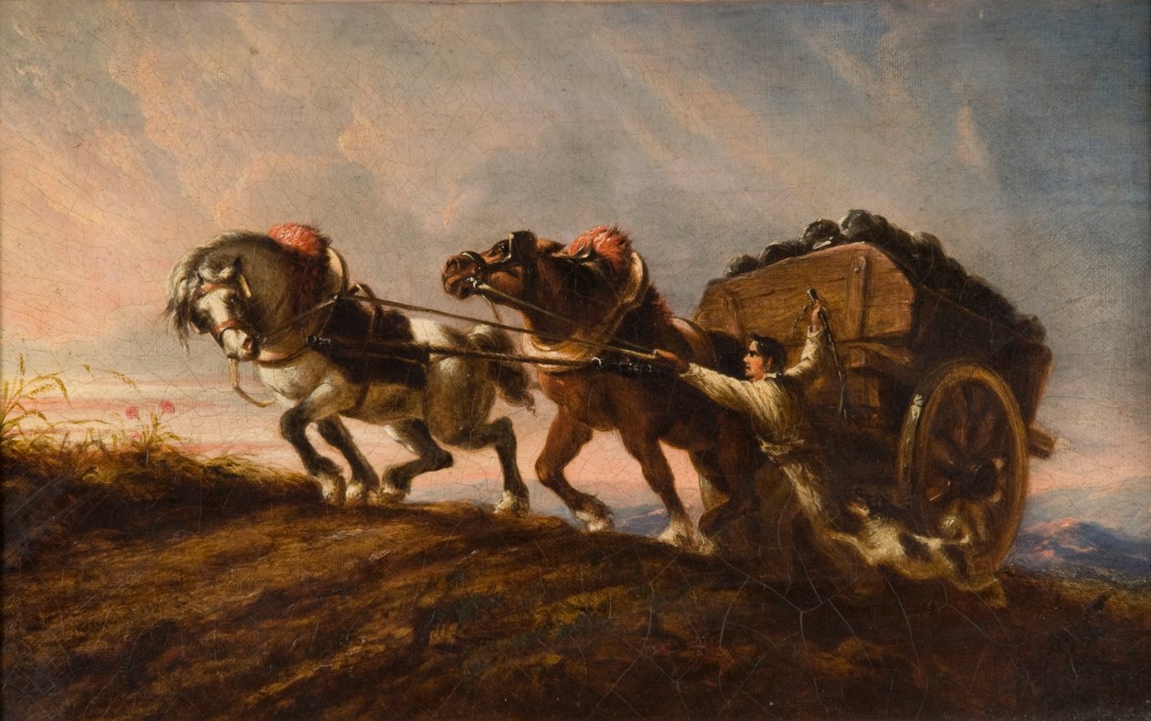 Hevoset rasittamassa kuormassa, 1864 tekijältä Charles Verlat