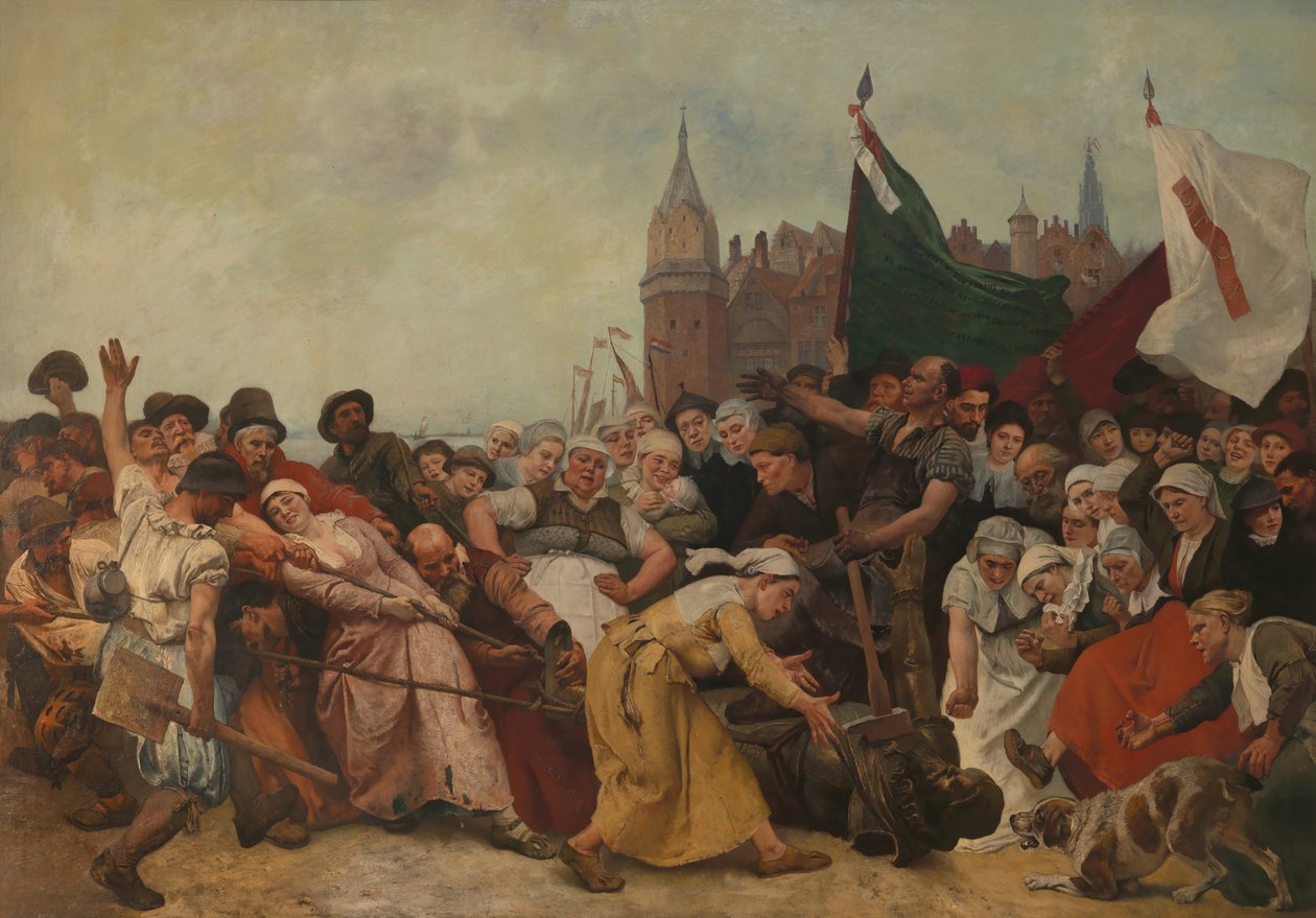 Alvan herttuan murskattu patsas raahattavana kaduilla tekijältä Charles Verlat