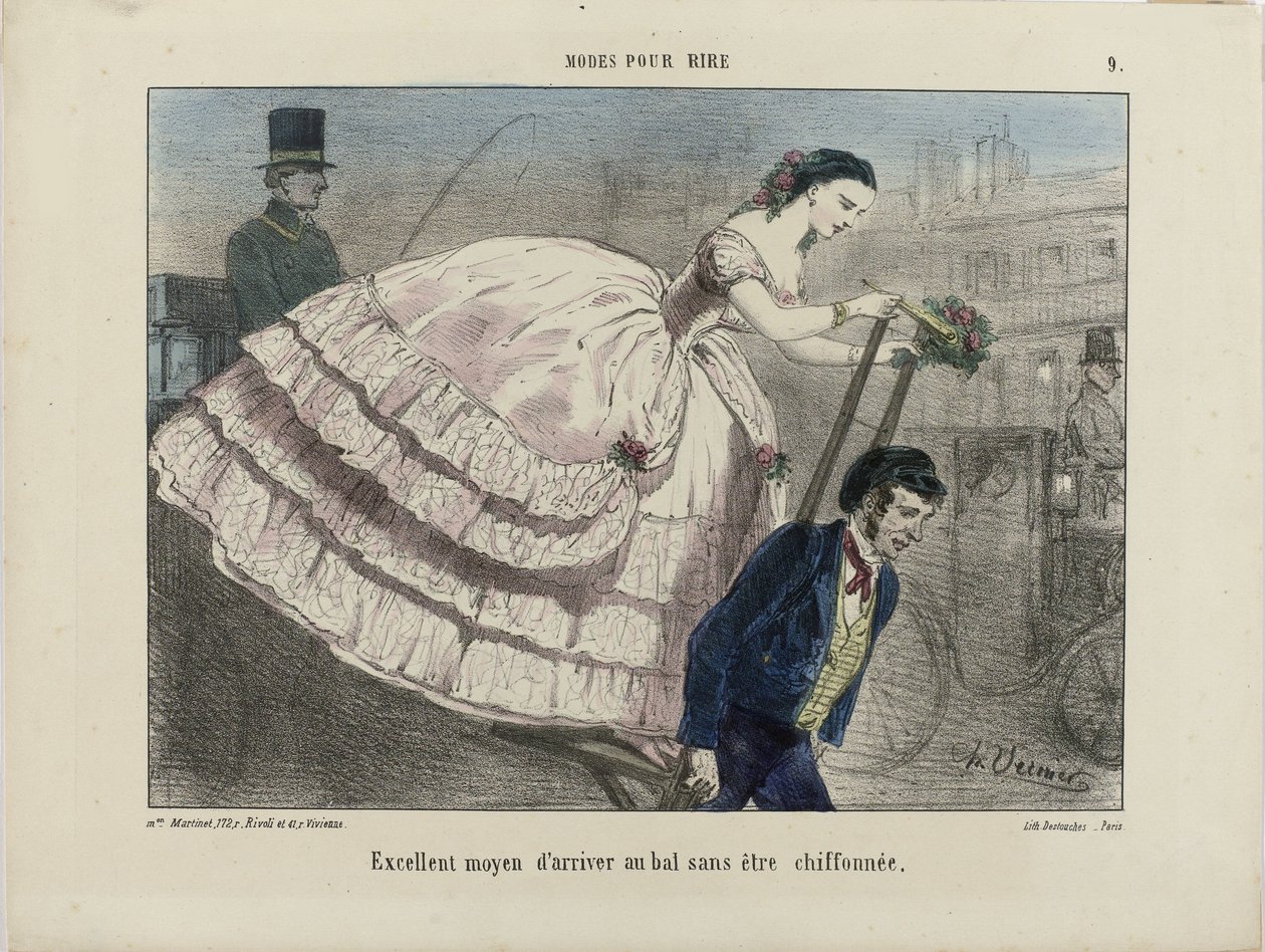 Loistava tapa saapua. Teoksesta Modes pour rire, 1855-1859. tekijältä Charles Vernier