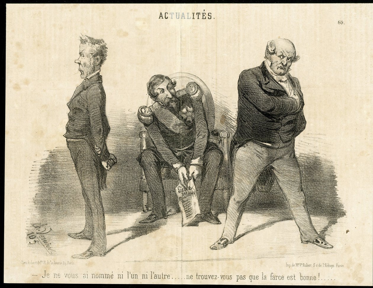 Kuvitus Charles Vernier (? -1887) Le Charivarissa - Tasavallan presidentti, Ministere, Nojatuoli (vallan symboli) - Napoleon III, Barrot Odilon (1791-1873), Ministeri, Faucher Leon (1803-1854) tekijältä Charles Vernier
