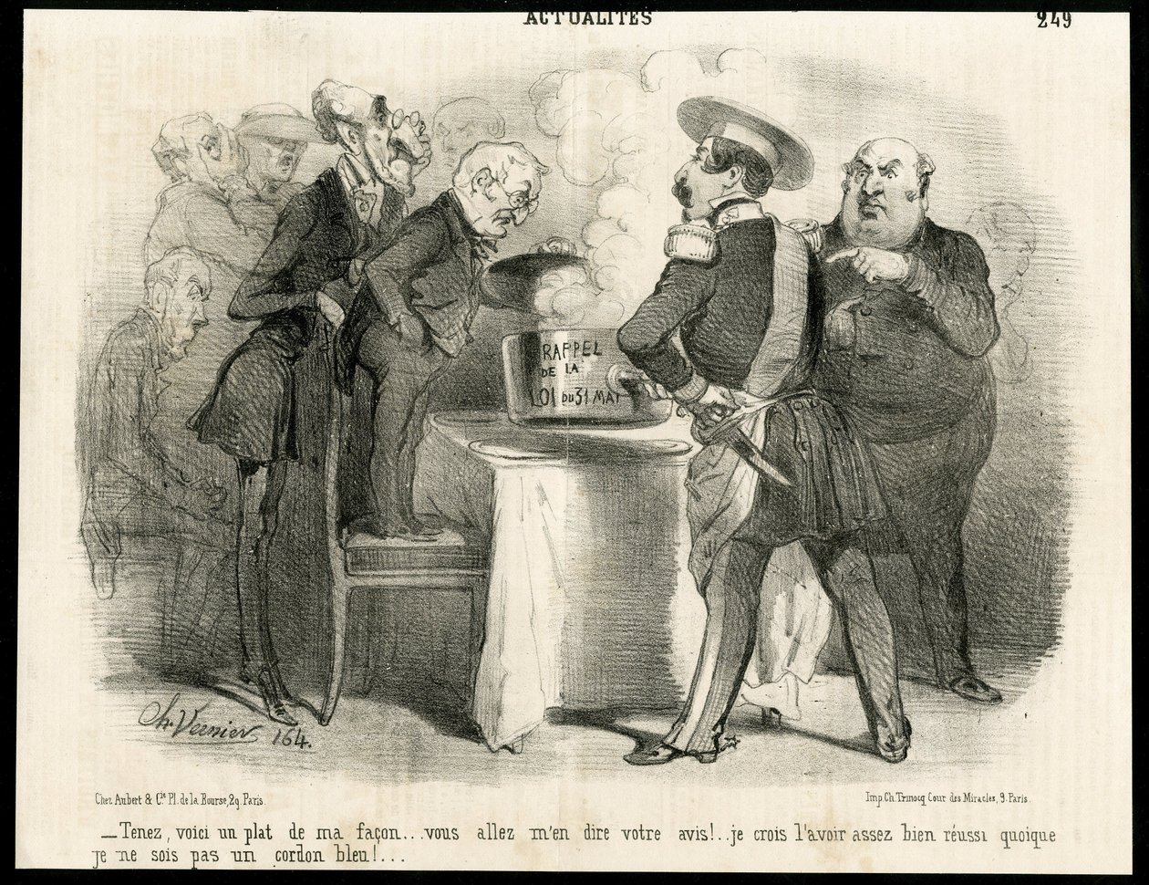 Charles Vernierin (? -1887) kuvitus Le Charivarissa, noin 1851-1111 - Muistutus 31. toukokuuta 1850 annetusta laista - Vaalit, tasavallan presidentti, koko, laki, äänioikeus - Thiers Adolphe, Napoleon III, Dupin Andre- Marie the Dupin
