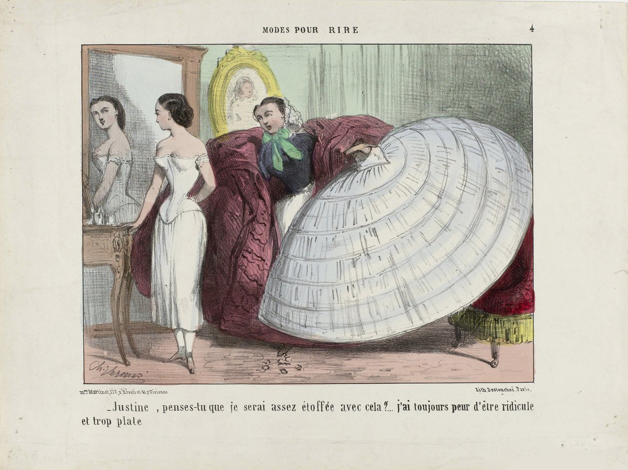 Justine, luuletko, että tulen tarpeeksi täyteläiseksi tämän kanssa... Teoksesta Modes pour rire, 1855-1859. tekijältä Charles Vernier