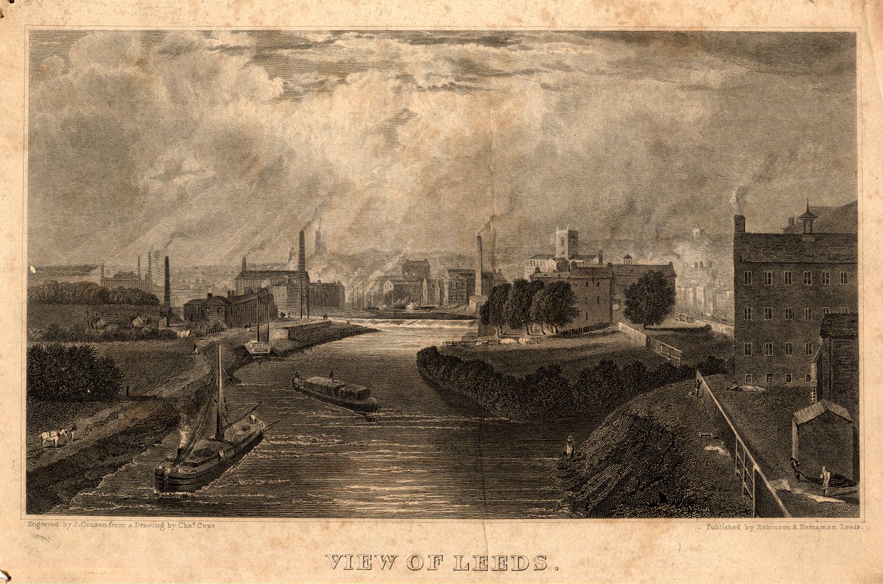 Näkymä Leedsiin, J. Cousenin kaiverrus, ennen vuotta 1827 (kaiverrus) tekijältä Charles West (after) Cope