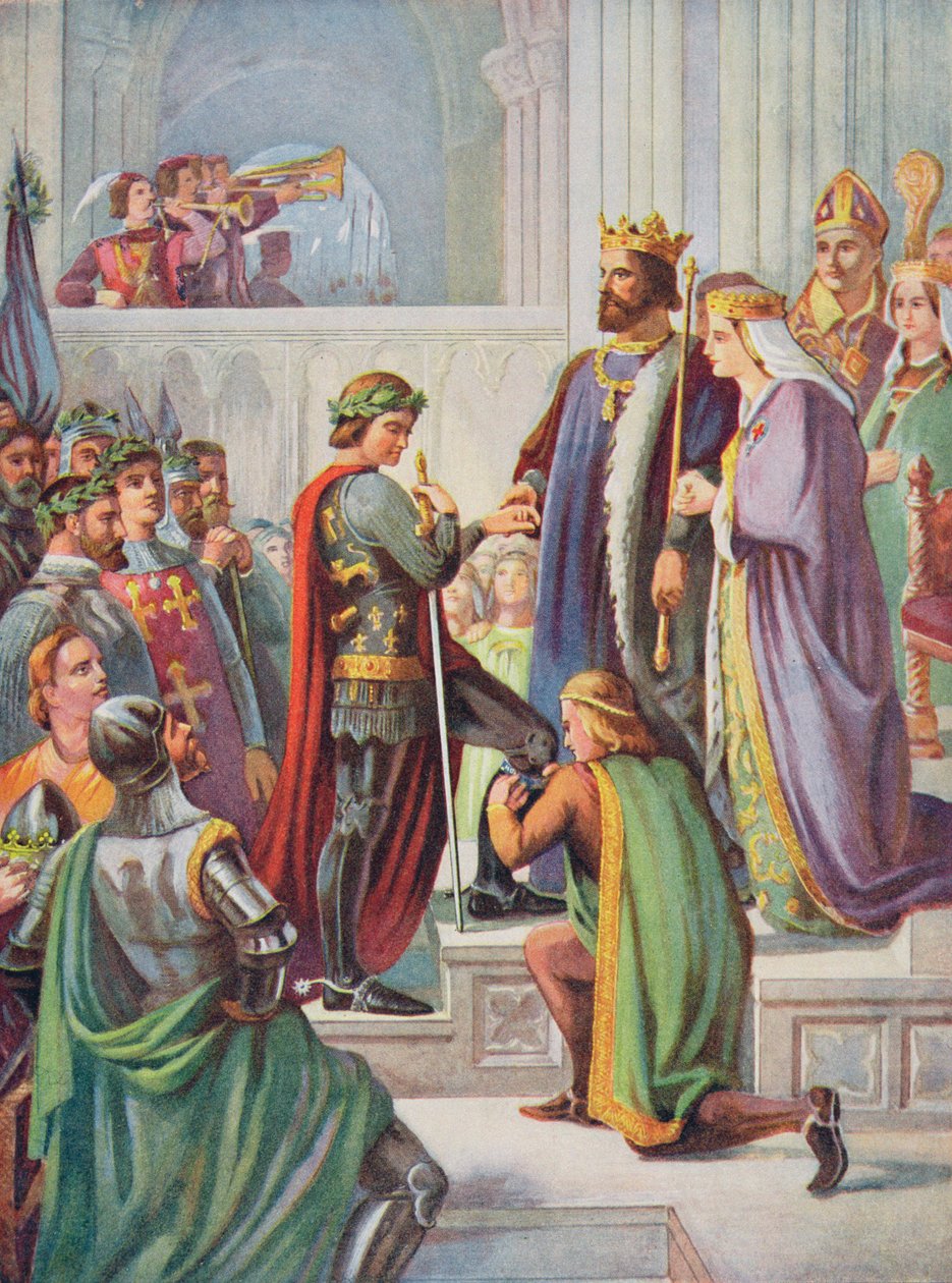 Mustan prinssin (1330-1376) avaus sukkanauhan ritariksi, esimerkki teoksesta "Hutchinsonin tarina brittiläisestä kansasta" tekijältä Charles West Cope