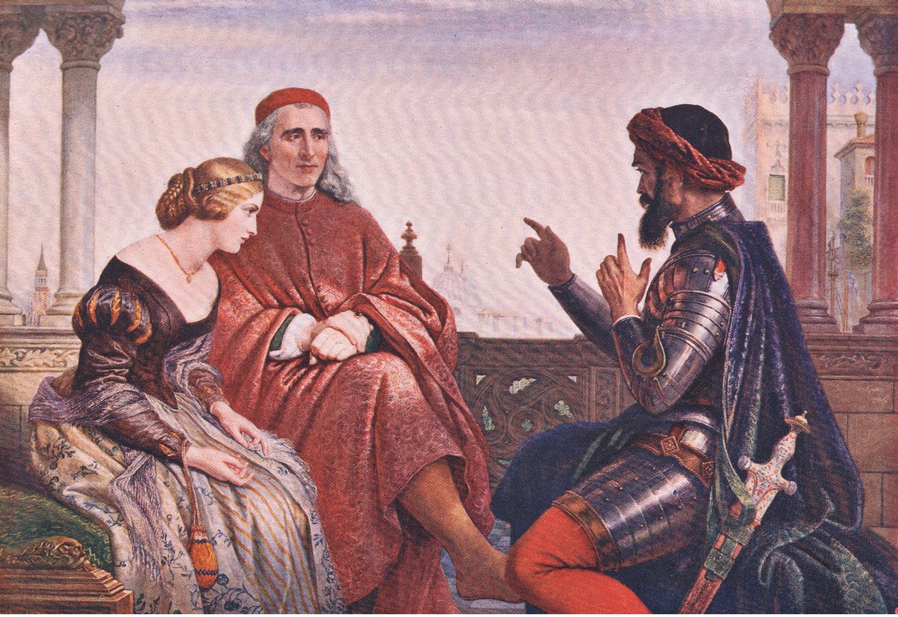 Desdemonan (Othello) kosiskelu "Jossa puhuin tuhoisimmista mahdollisuuksista, tulvien ja peltojen aiheuttamista liikenneonnettomuuksista", J Coker & Co Ltd:n The Complete Works of William Shakespeare -pubista (väri litho) tekijältä Charles West Cope