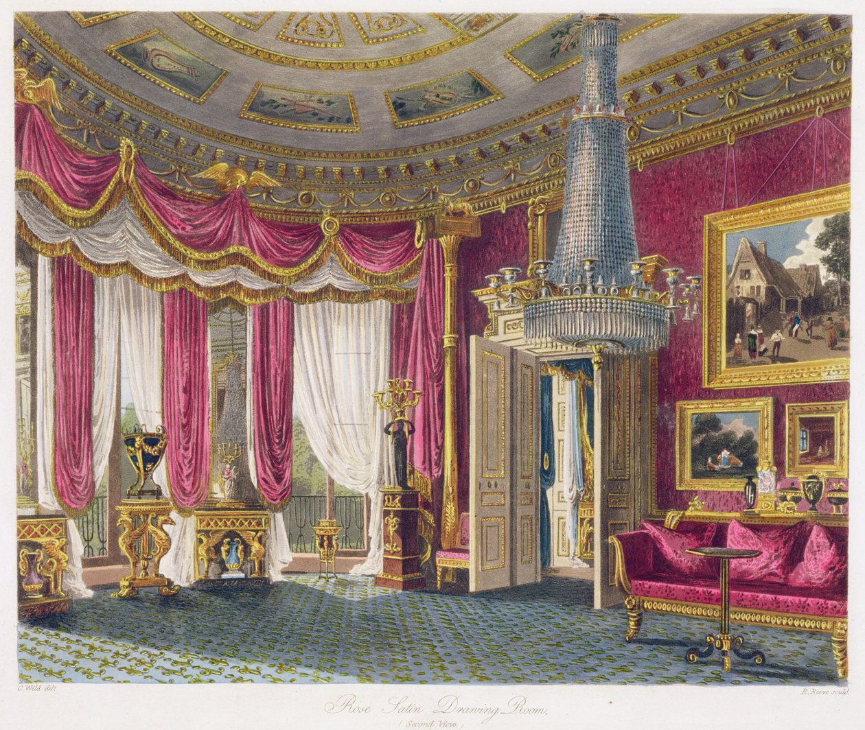 Rose Satin Drawing Room (toinen näkymä) Carlton House, kaiverrettu R. Reeve (fl.1811-37) William Henry Pynen (1769-1843) pubista "The History of the Royal Residences". 1818 tekijältä Charles Wild