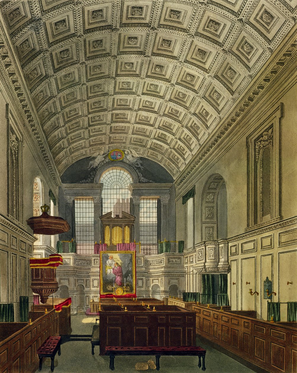 Saksalainen kappeli, St. Jamesin palatsi, "Kuninkaallisten asuntojen historiasta", kaiverrus Daniel Havell (1785-1826), William Henry Pyne (1769-1843), 1819 tekijältä Charles Wild