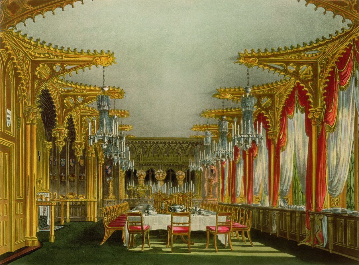 Carlton Housen goottilainen ruokasali Pynen teoksesta "Royal Residences", jonka on kaiverruttanut Thomas Sutherland (s. noin 1785) ja joka julkaistiin vuonna 1819. tekijältä Charles Wild