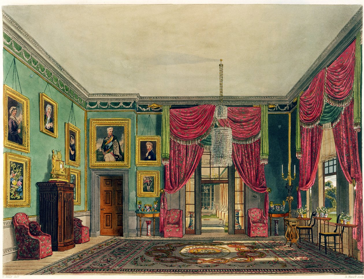 Vihreä paviljonki, Frogmore House, kirjasta "The History of the Royal Residences", kaiverrus Daniel Havell (1785-1826), William Henry Pyne (1769-1843), 1819 tekijältä Charles Wild