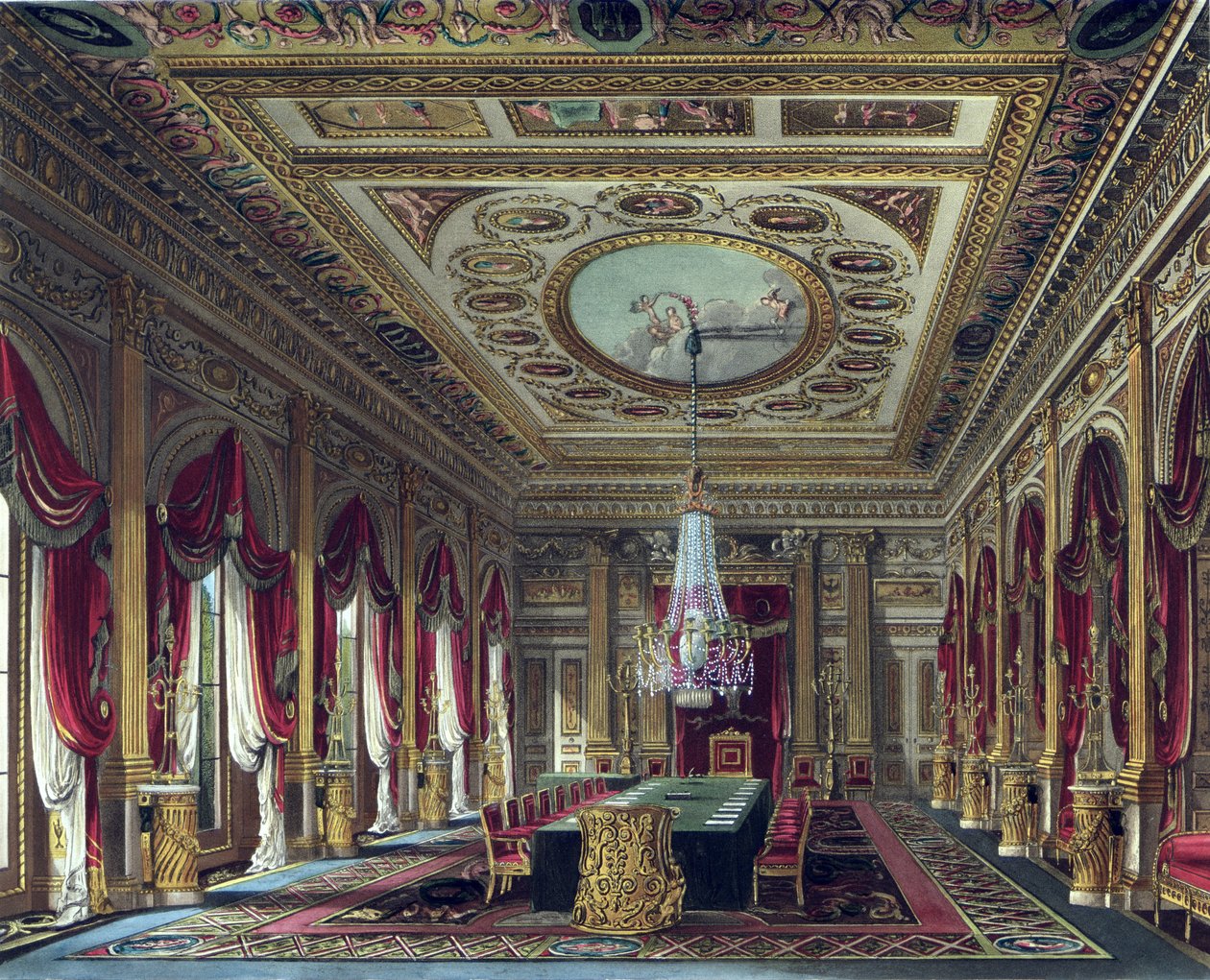 The Throne Room, Carlton House, teoksesta "The History of the Royal Residences", kaiverrus Thomas Sutherland (s.1785), William Henry Pyne (1769-1843), 1818 tekijältä Charles Wild