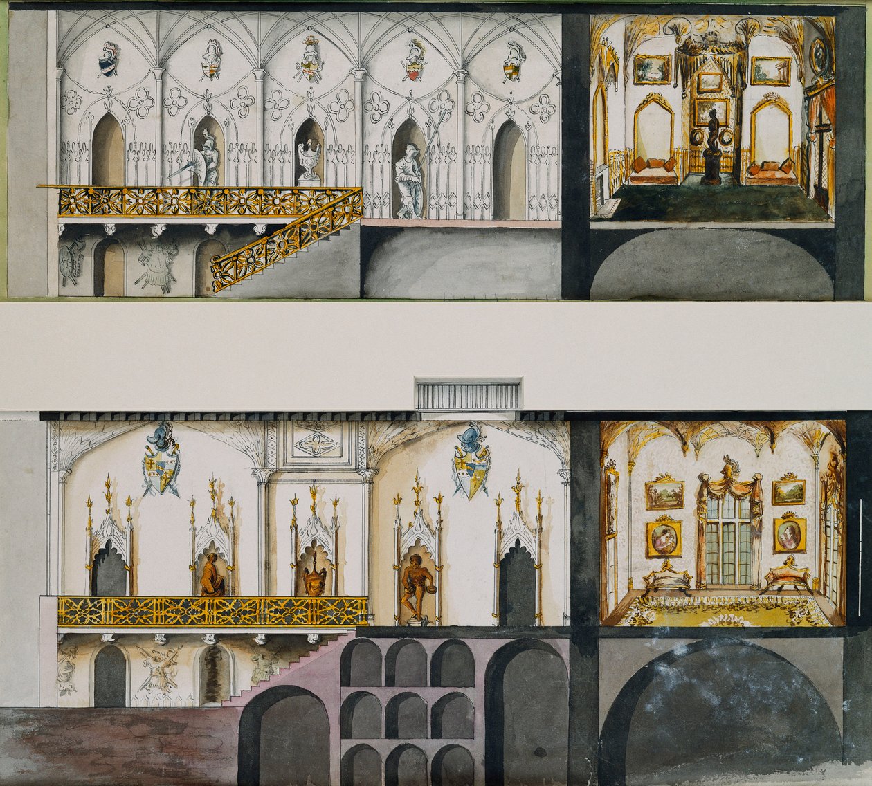 Vaihtoehtoiset projektit salille, gallerialle ja piirustukselle - Charleville Castle -huone: osat (kynä ja muste ja w/c paperilla) tekijältä Charles William Bury