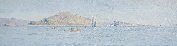A Sunny Day off the Coast, Villefranche sur Mer, n. 1885 (öljy kankaalle asetettuna) tekijältä Charles William Wyllie
