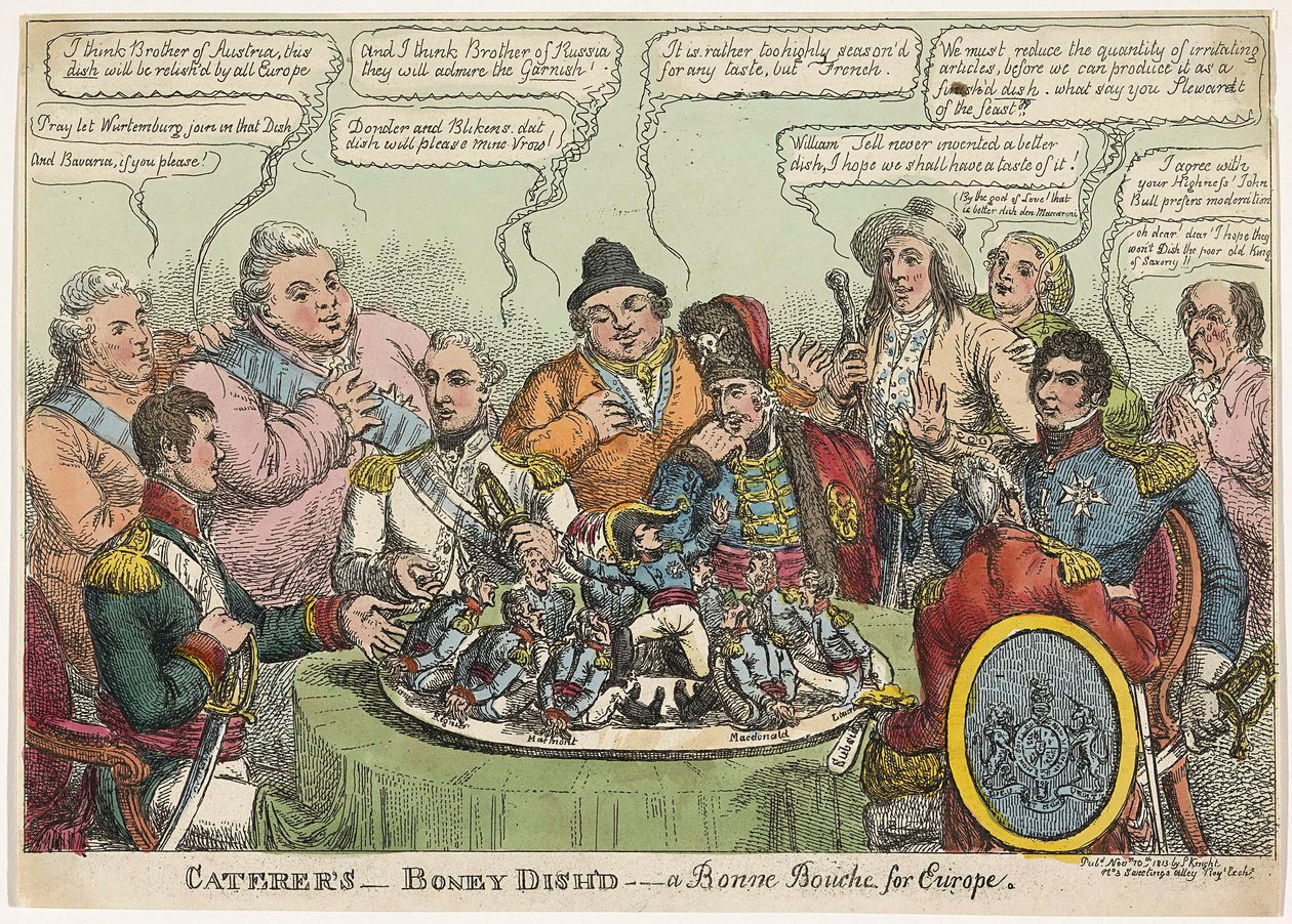 Catering- Boney Dishd- a Bonne Bouche for Europe, pub. 1813 (käsin väritetty kaiverrus). tekijältä Charles Williams
