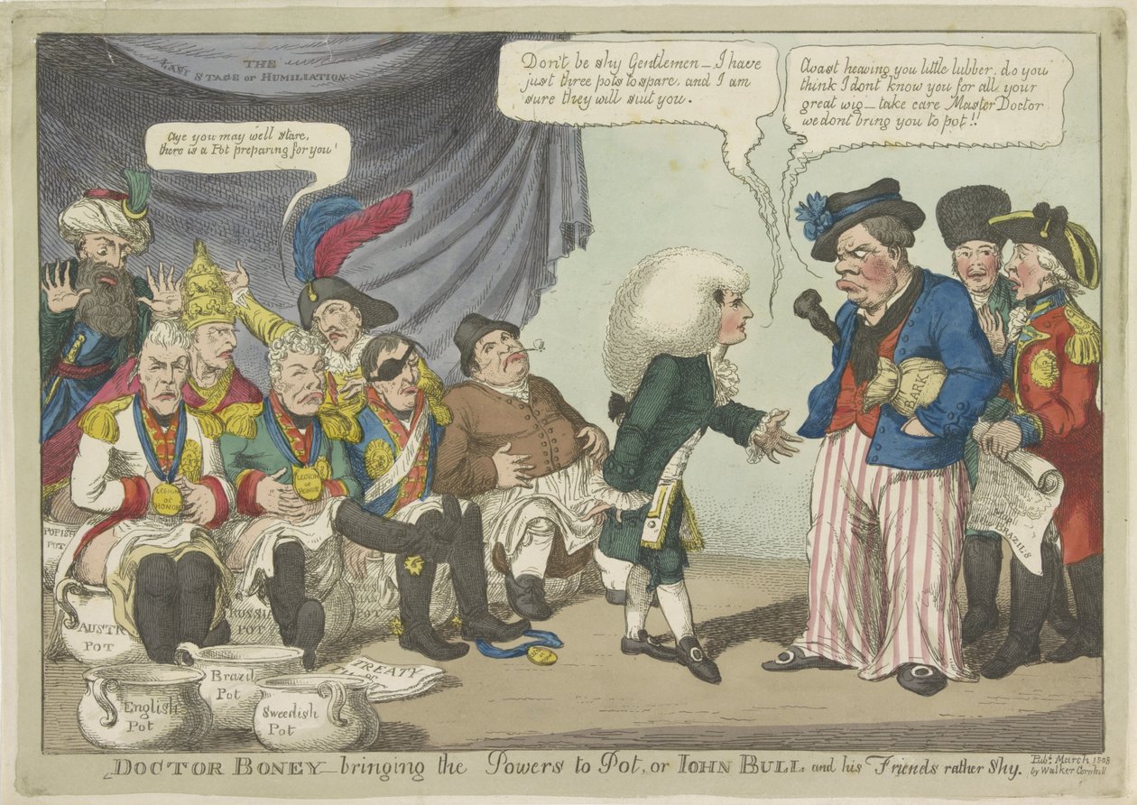 Dokter Napoleon zet de Europese vorsten op de pot, 1808 Tohtori Boney - tuo voimat kasaan, tai John Bull ja hänen ystävänsä melko ujoja (otsikko esineessä) tekijältä Charles Williams