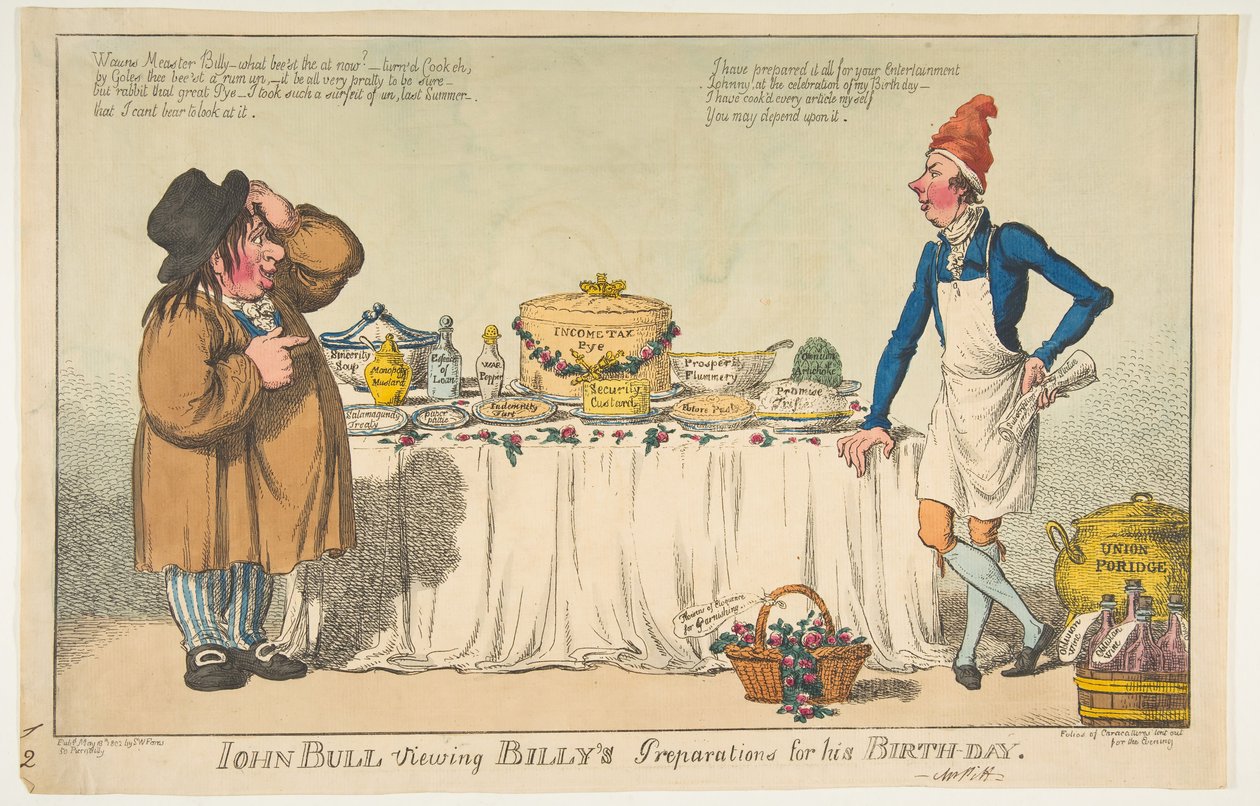 John Bull katselee Billysin valmistautumista syntymäpäiväänsä varten 18. toukokuuta 1802. tekijältä Charles Williams