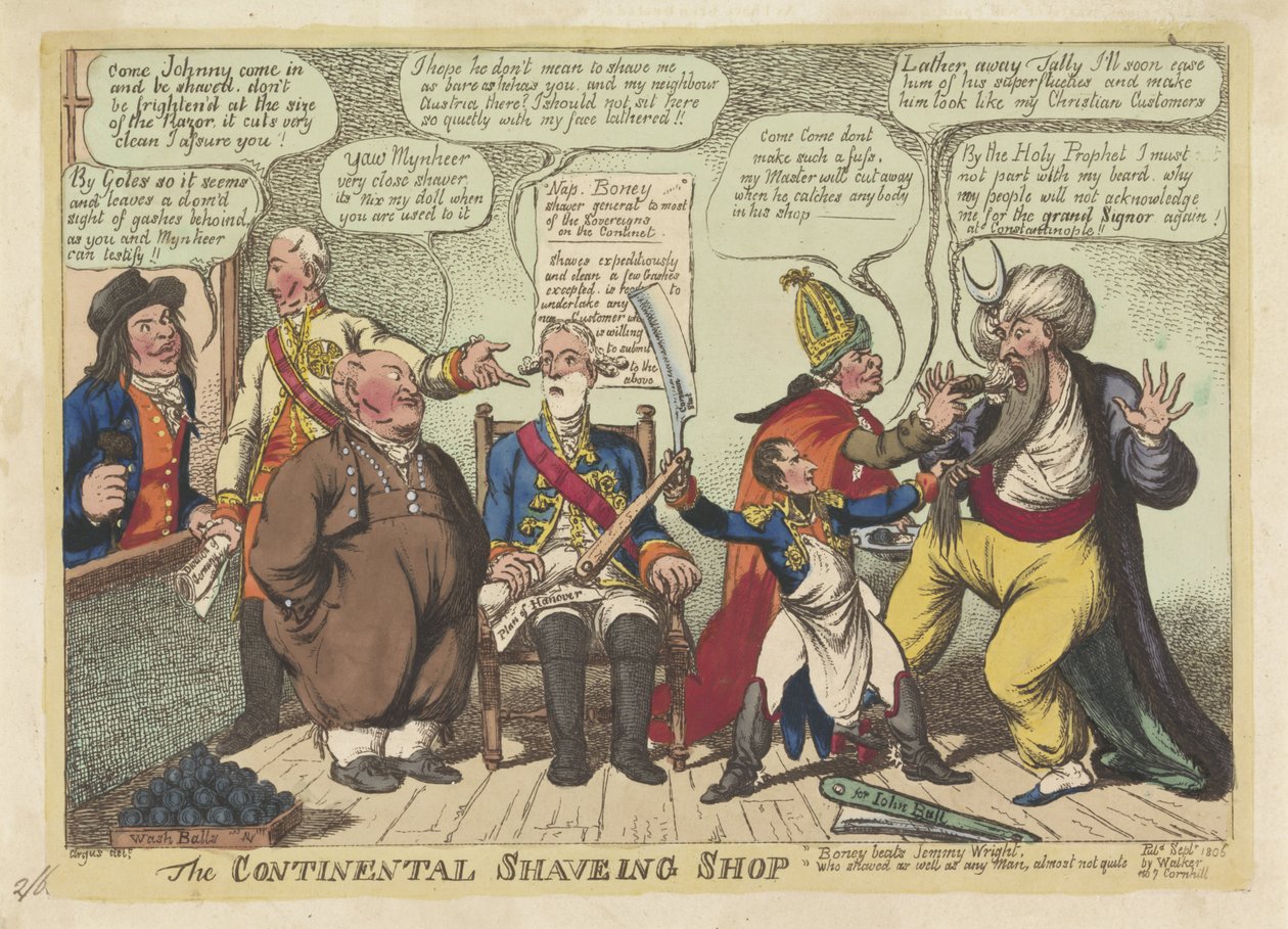 Napoleon Euroopan suurvaltojen parturina, 1806 The Continental Shaving Shop (otsikko esineessä) tekijältä Charles Williams