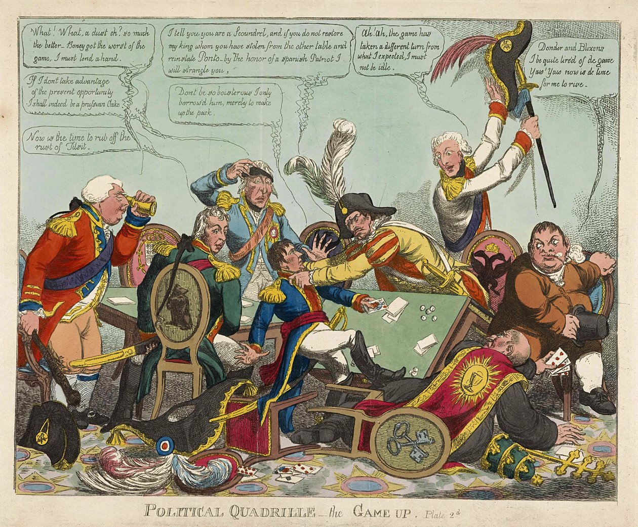 Poliittinen kvadrilli -- peli pystyyn, pub. 1806 (käsin väritetty kaiverrus) tekijältä Charles Williams