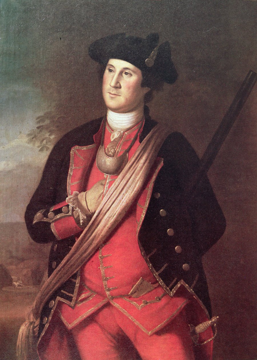 George Washington Virginian miliisin everstin univormussa Ranskan ja Intian sodan aikana (1755-63) (väri litho) tekijältä Charles Willson (after) Peale