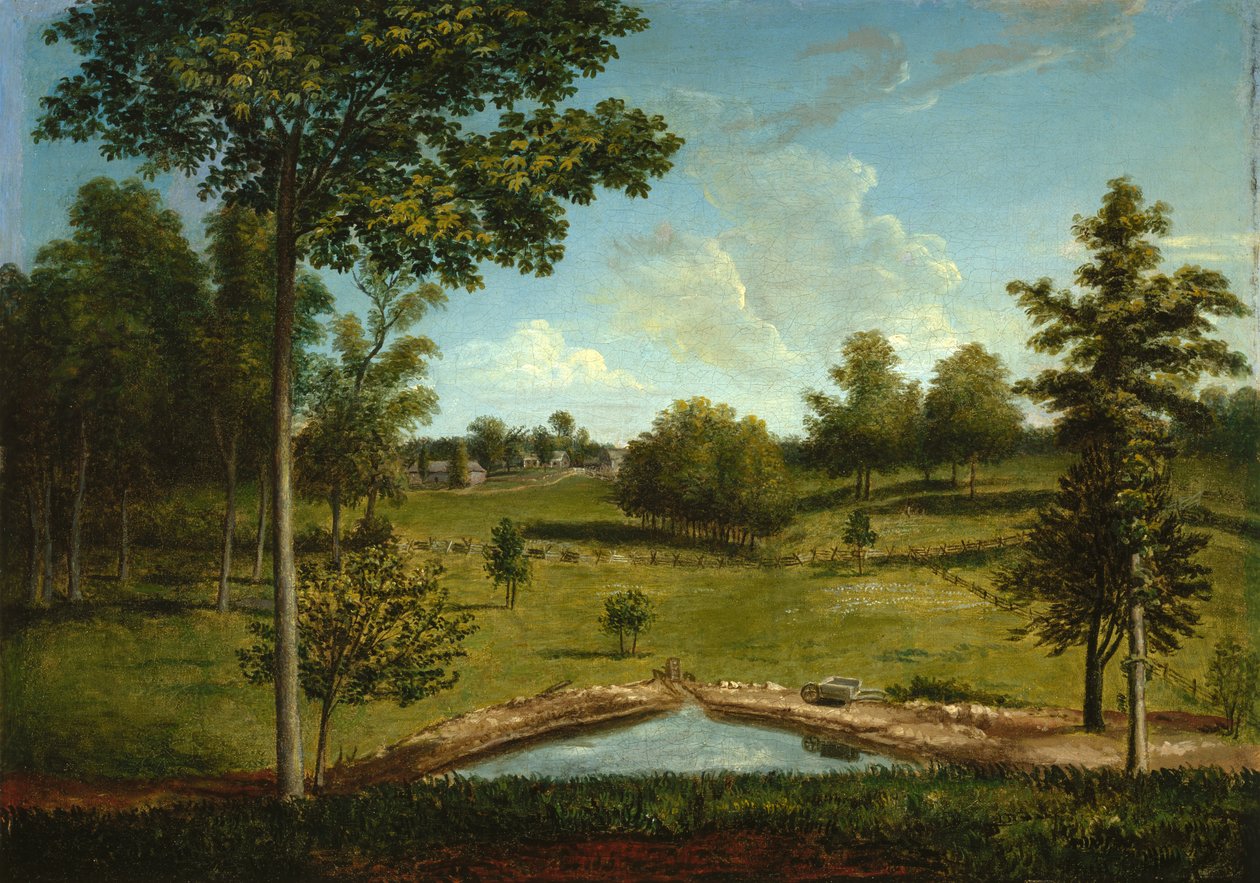 Maisema kohti Sellers Hallia Mill Bankista, n. 1818 tekijältä Charles Willson Peale