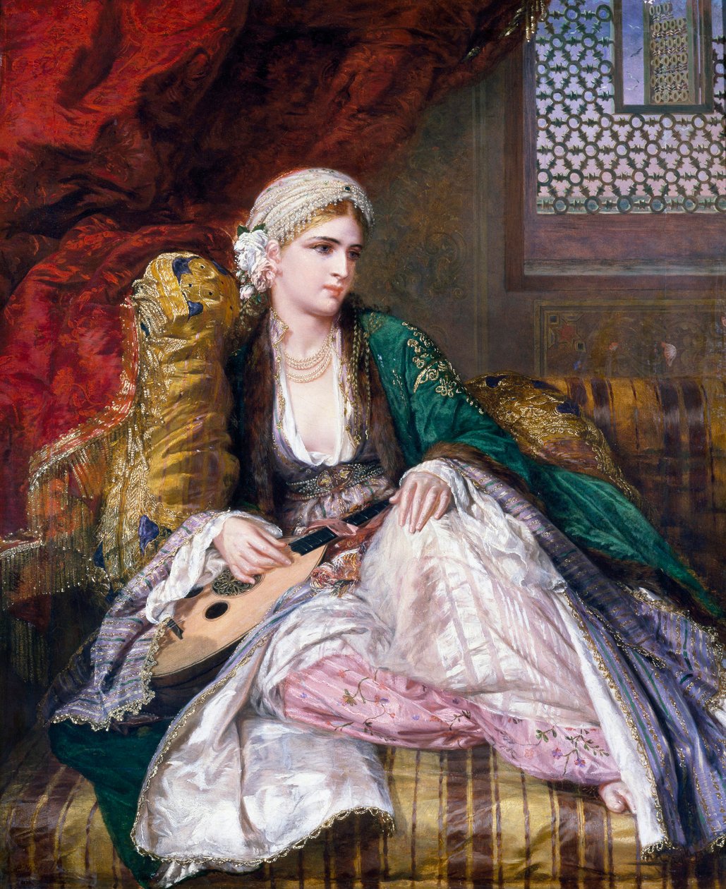 Orientalismi: eurooppalainen "itämainen kaunotar", jolla on turbaani ja huntu (turkkilaiseen tyyliin) ja joka makaa soittimensa kanssa. Charles Wynne Nichollsin (1831-1903) (prerafaeliitti) maalaus 1865. tekijältä Charles Wynne Nicholls