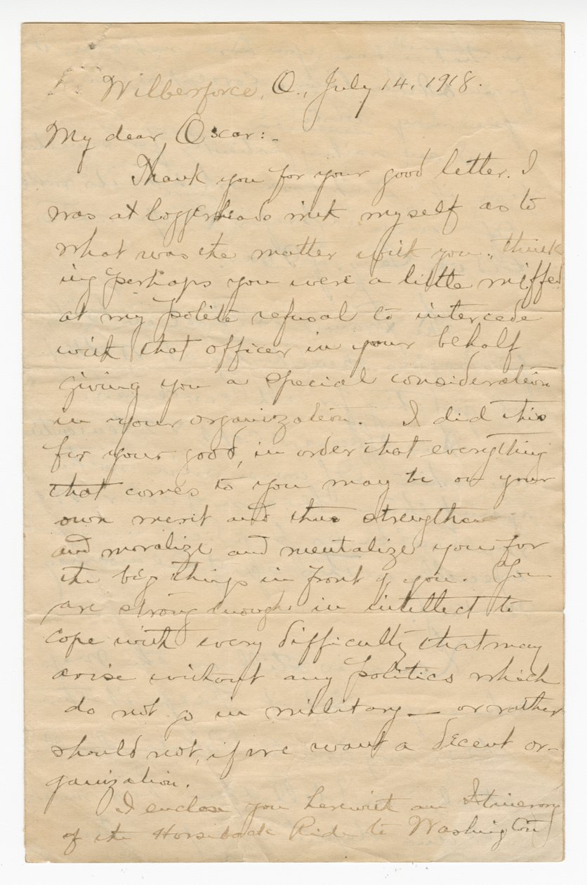 Kirje Oscar W. Pricelle eversti Charles Youngilta, 14. heinäkuuta 1918. tekijältä Charles Young