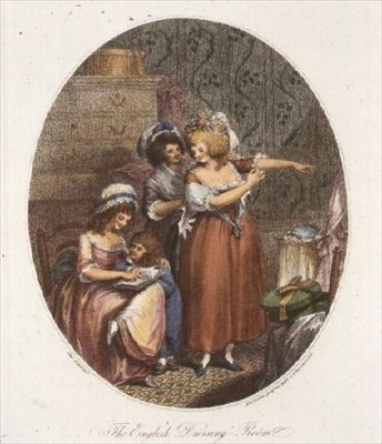 Englantilainen pukuhuone, kaiverrus P.W. Tomkins (1760-1840) (akvatinta) (katso myös 64847, 64848 ja 64850) tekijältä Charles after Ansell