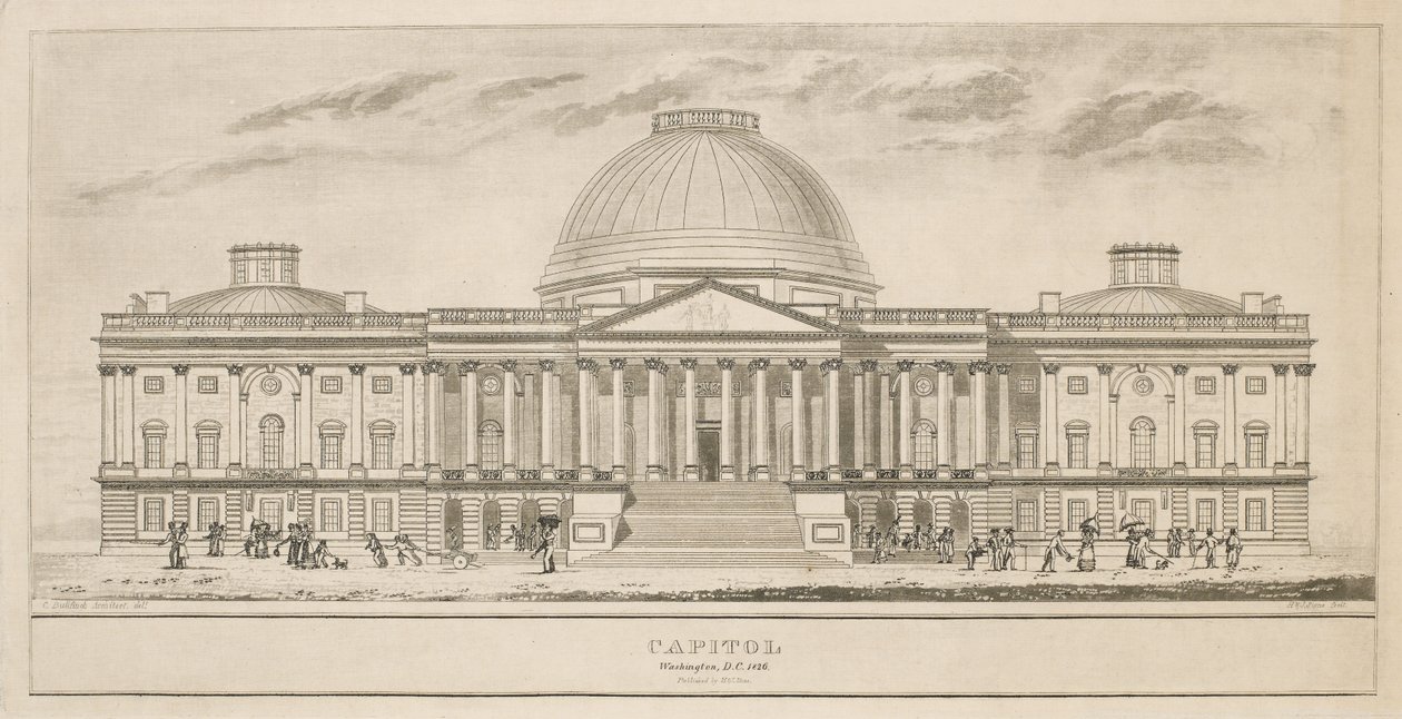 Capitol, Washington, D.C., kaiverrettu Henry ja James Stone (kukoistanut 1822-1849), 1826 (akvatintta ja viivakaiverrus paperille). tekijältä Charles after Bulfinch