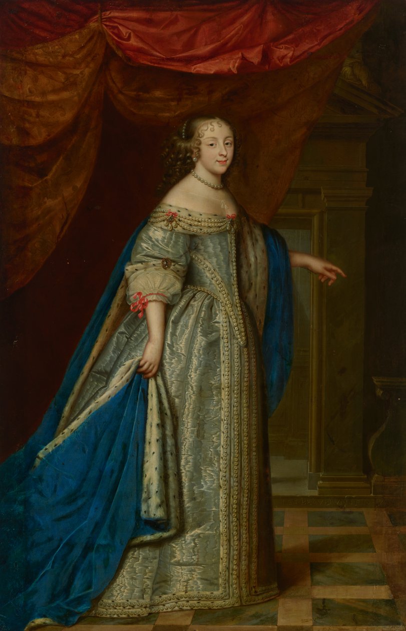 Muotokuva naisesta, kokopitkä, perinteisesti Henrietta Mariaksi, Englannin kuningattareksi tunnistettu. tekijältä Charles and Henri (1603 77) Beaubrun