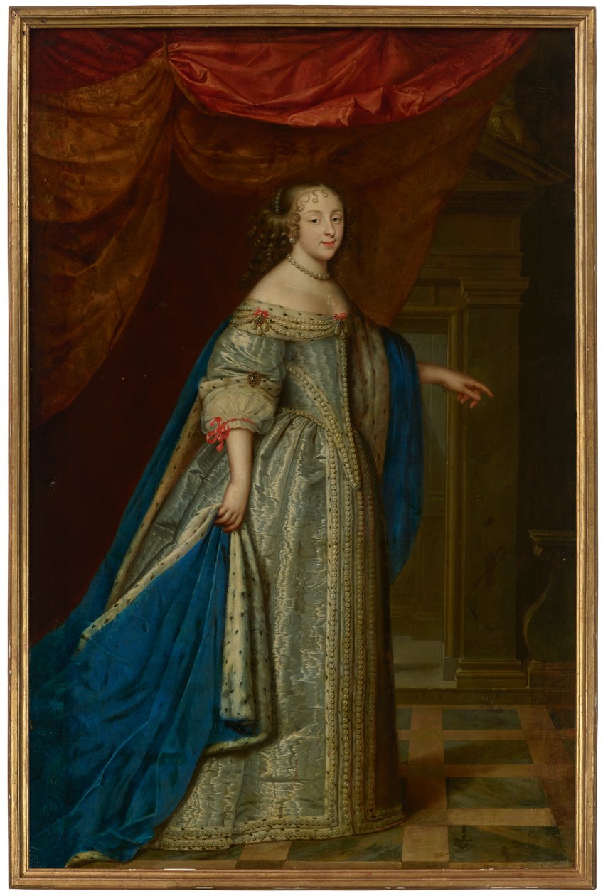 Muotokuva naisesta, kokopitkä, perinteisesti Henrietta Mariaksi, Englannin kuningattareksi tunnistettu. tekijältä Charles and Henri (1603 77) Beaubrun