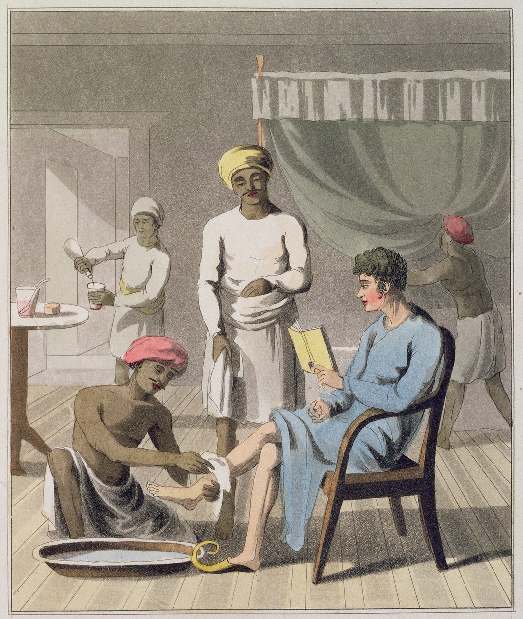 Pukeutuva herrasmies ja hänen päähenkilönsä sekä muita palvelijoita, kuva 4 teoksesta "The European in India", julkaistu 1813 (käsinvärjätty akvatintta). tekijältä Charles d Oyly