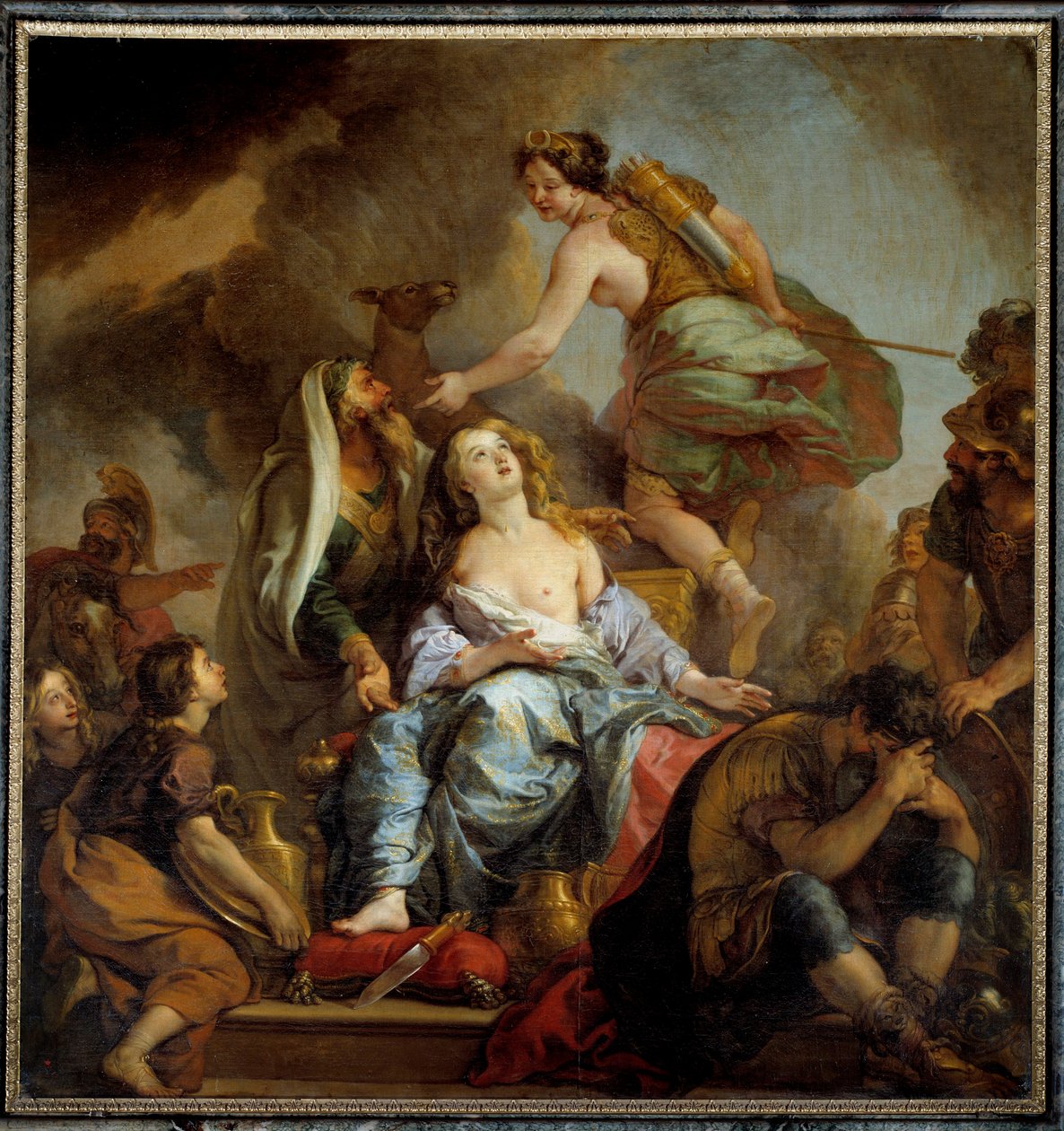 Iphigenien uhri kuningas Agamemnon uhraa tyttärensä lievittääkseen Artemiksen vihaa. Charles de Lafossen (1636-1716) maalaus 1600-luvun su. 2,24x2,12 m tekijältä Charles de Lafosse