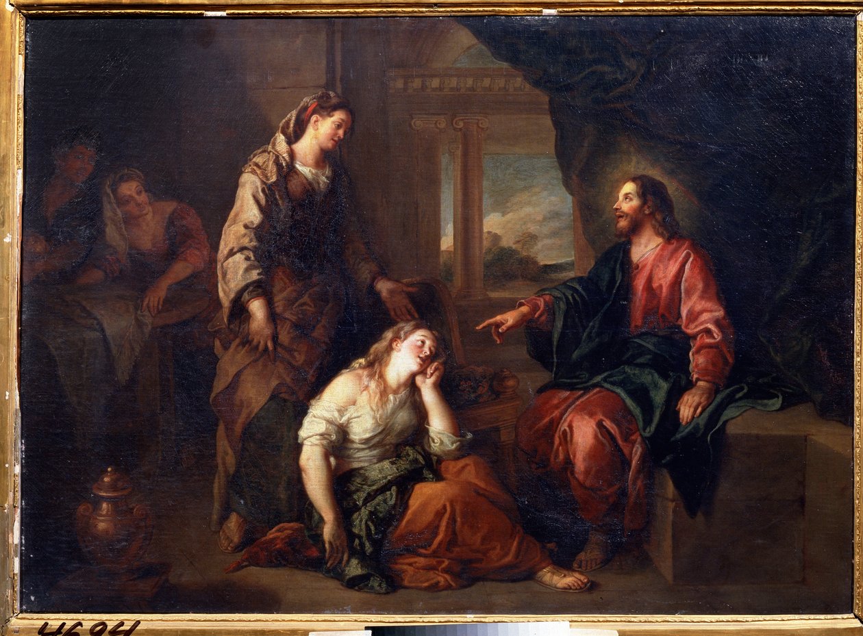 ""Kristus Martassa ja Mariassa"" (Kristus Martan ja Marian talossa). Pyhä Martta, Jeesuksen Kristuksen naispuolinen opetuslapsi ja hänen sisarensa Marie de Bethanie. Charles de La Fossen (1636-1716) maalaus Pushkin-museo, Moskova tekijältä Charles de la Fosse