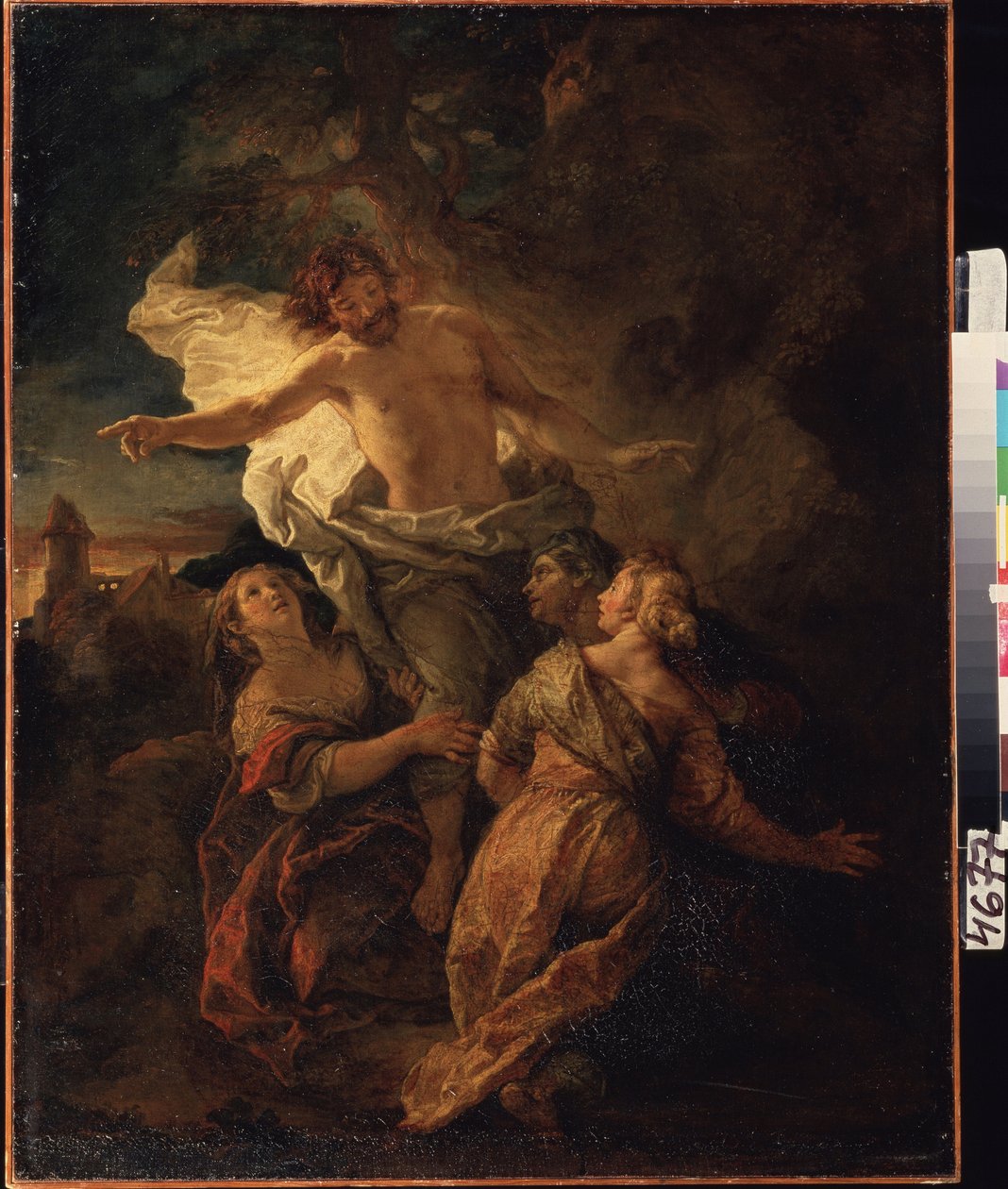 Kristus ja pyhät naiset. (Kristus ja pyhät naiset). Jeesus Kristus nousee ylös kolmen neitsyen edessä. Charles de La Fossen (1636-1716) maalaus, alkuvuodesta 1680. Ranskalaista barokkityylistä taidetta. Öljy kankaalle. Pushkin-museo, Moskova. tekijältä Charles de la Fosse