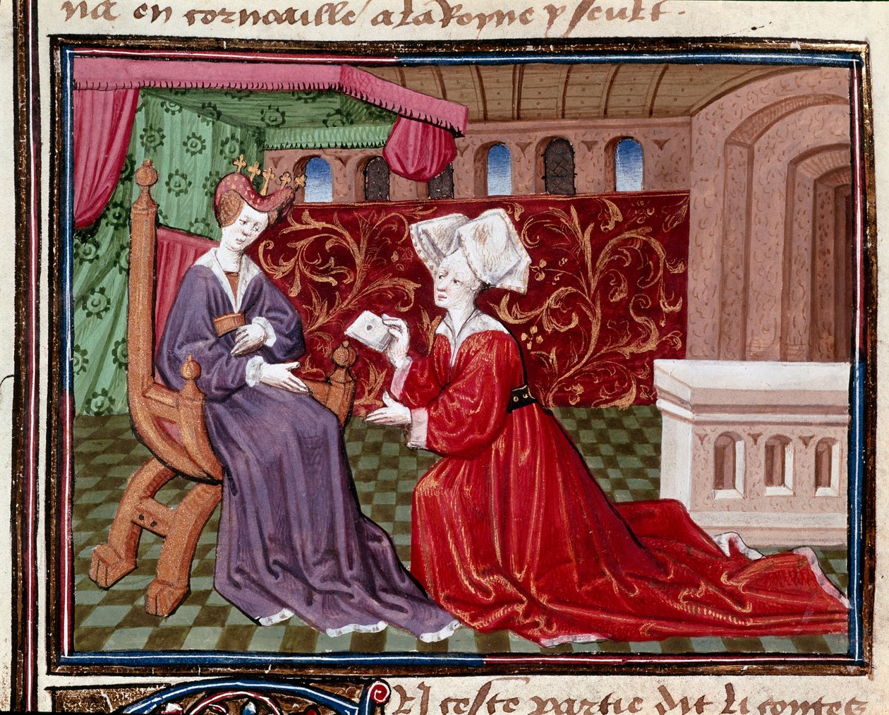 Palvelija, jolla on kirje Queen Iseultille (tai loukkaukselle) Miniatyyri, joka on otettu Mainen mestari Charlesin "" Romanesque du Chevalier Tristan -kirjasta" 1440-1460. Chantilly, Conde-museo tekijältä Charles du Maine Master
