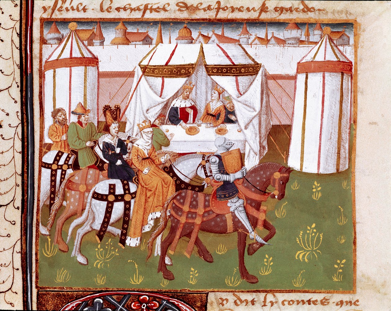 Ritarien saapuminen kuninkaan Arthurin ja kuningatar Guenievren pitämiin juhliin Camelotissa (Camaloth tai Camaaloth) Miniatyyri, joka on otettu Mainen mestari Charlesin "" Romanesque du Chevalier Tristan -kirjasta" 1440-1460. Chantilly, Conde-museo tekijältä Charles du Maine Master